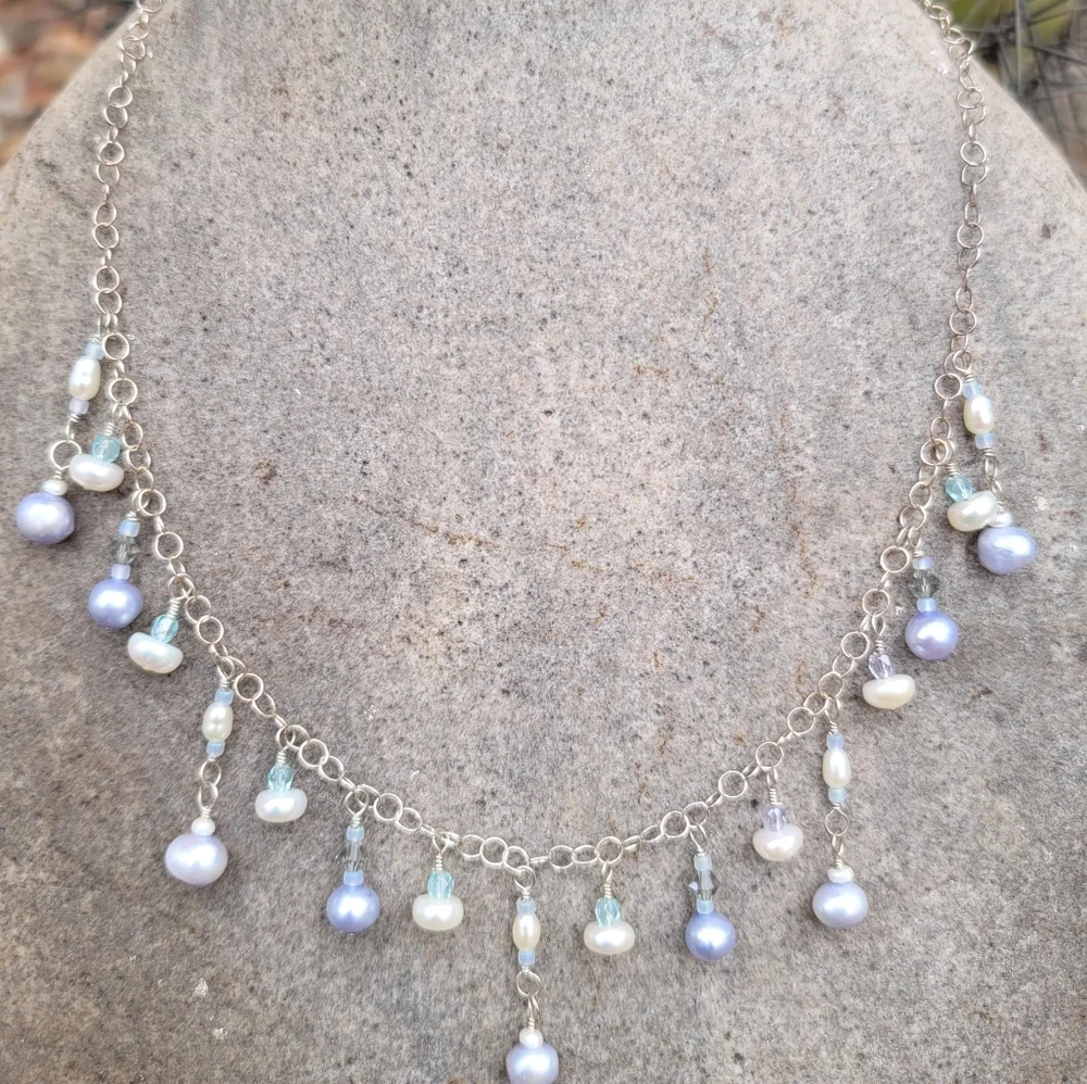 USA Handmade Necklace hand-wire-wrapped Freshwater pearl sterling silver & glass - Picture 4 of 7